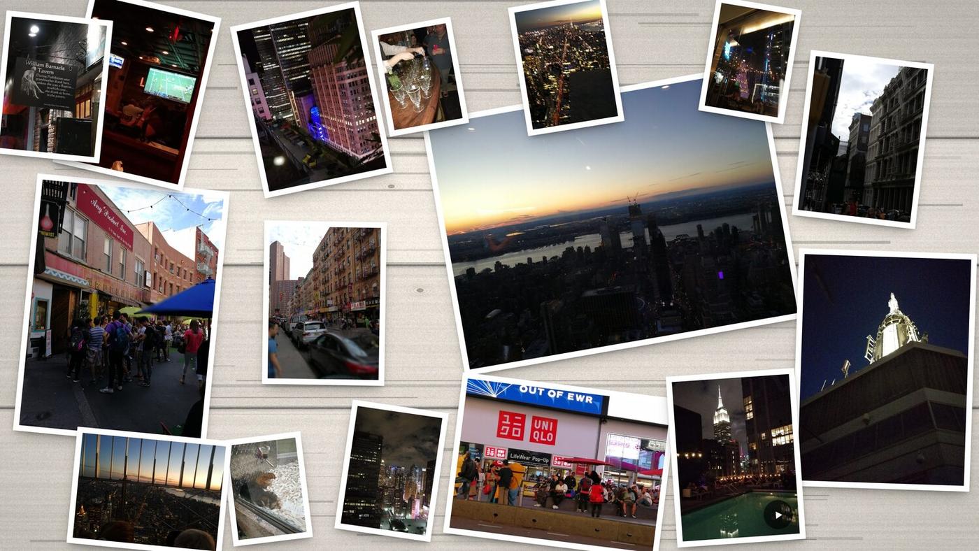 Fotocollage New York: N&auml;chtliche Touren und Skyline, mit Video-Startknopf